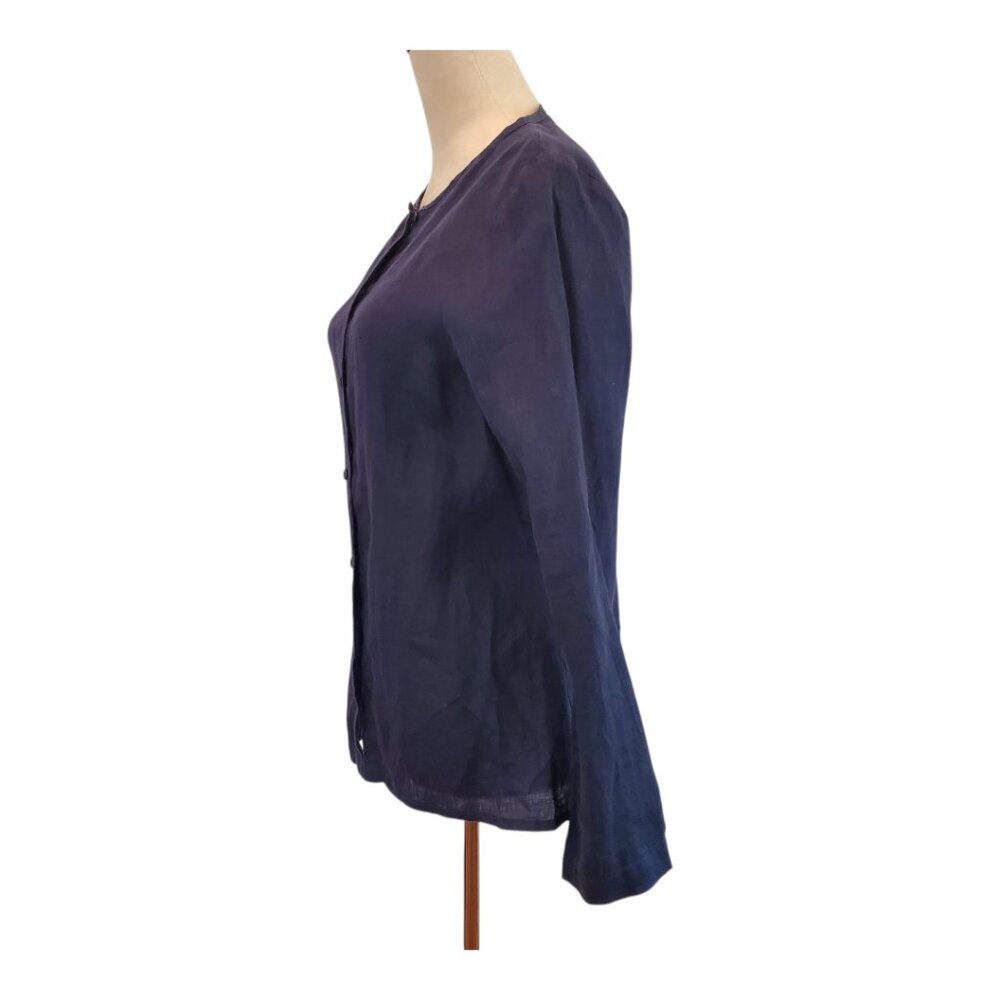 FLAX SZ P (4-6) Women's Long-sleeve Button Down Midnight Blue Linen Blouse Top - Picture 4 of 11